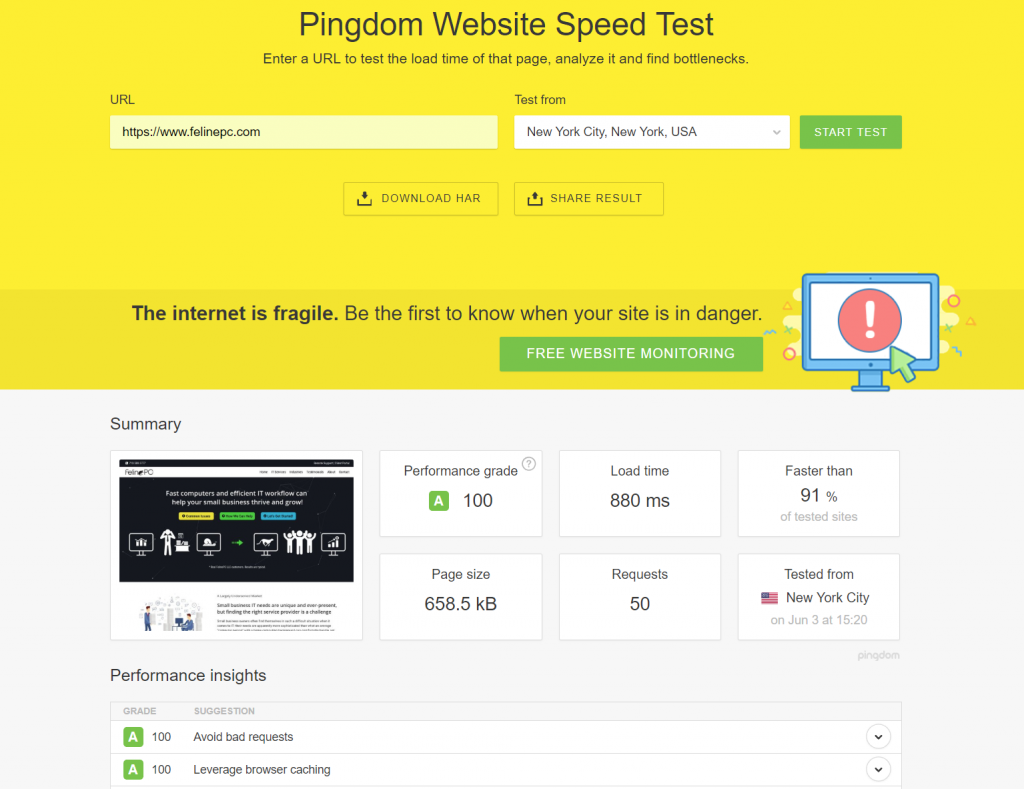 felinepc.com Pingdom speed test